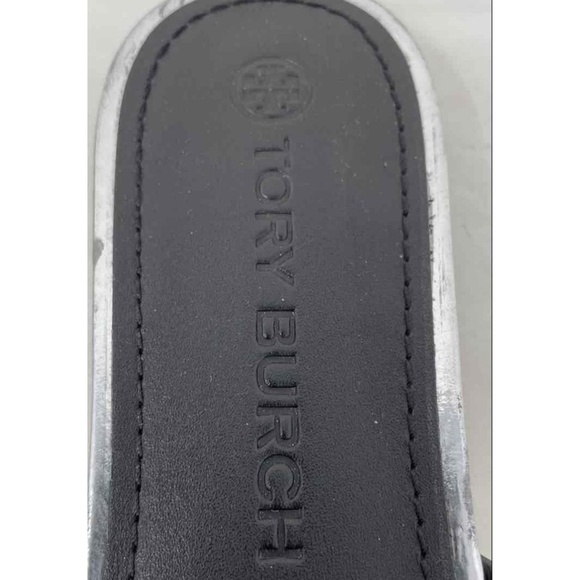 Tory Burch Sandals Womens Size 7 Metallic Silver Crisscross Logo Medallion - Picture 7 of 9